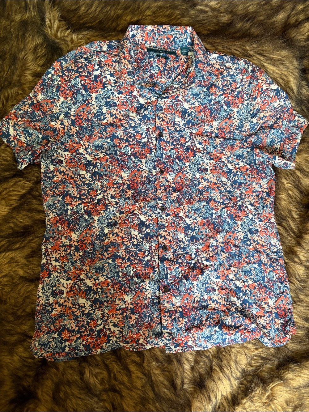 Perry Ellis Mens Short Sleeve Floral Shirt XL Stretch Estate Blue Multicolor
